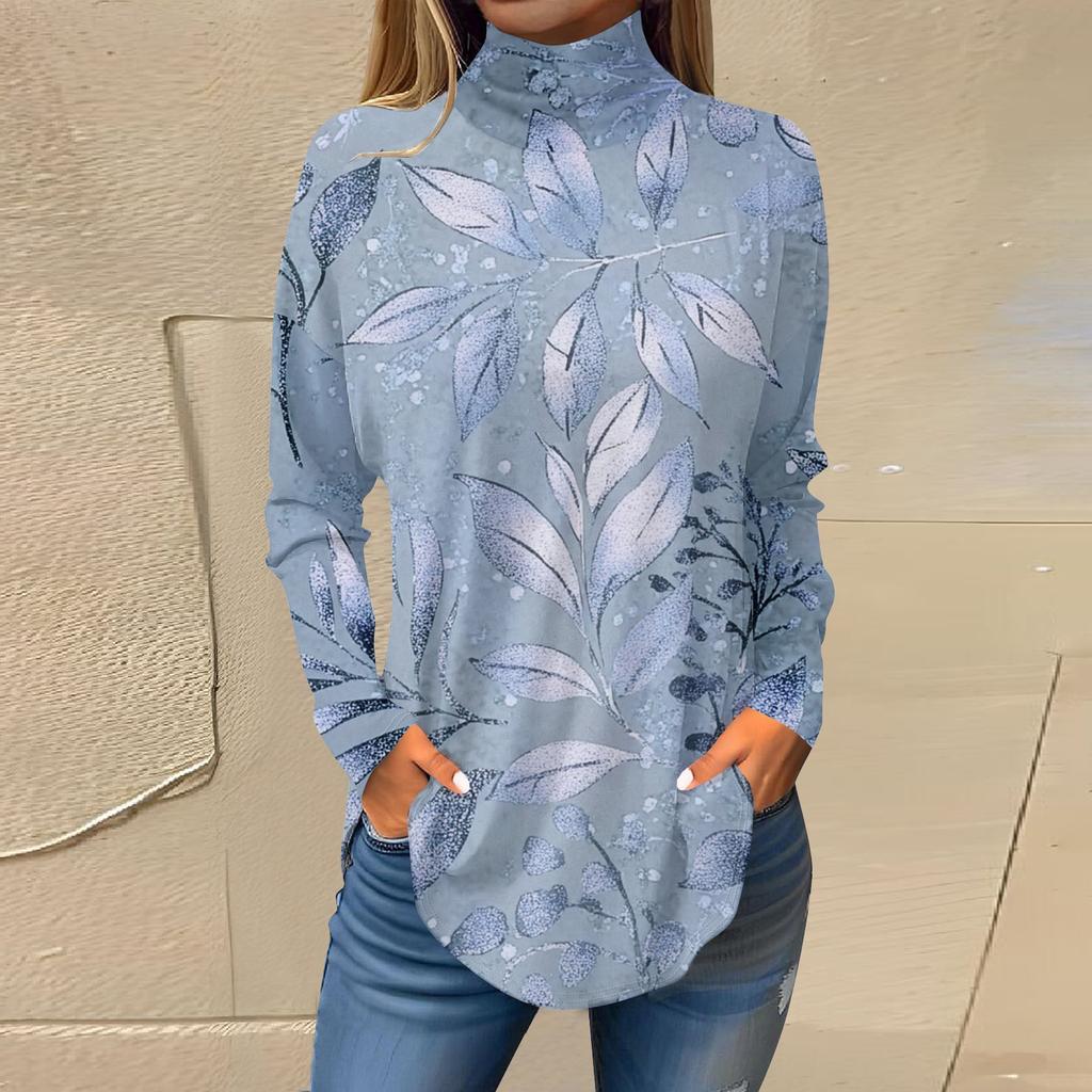 Tee Shirts For Women Fall Casual Long Sleeve Shirts Sweatshirt Vintage Printed High Neck Top Pullover
