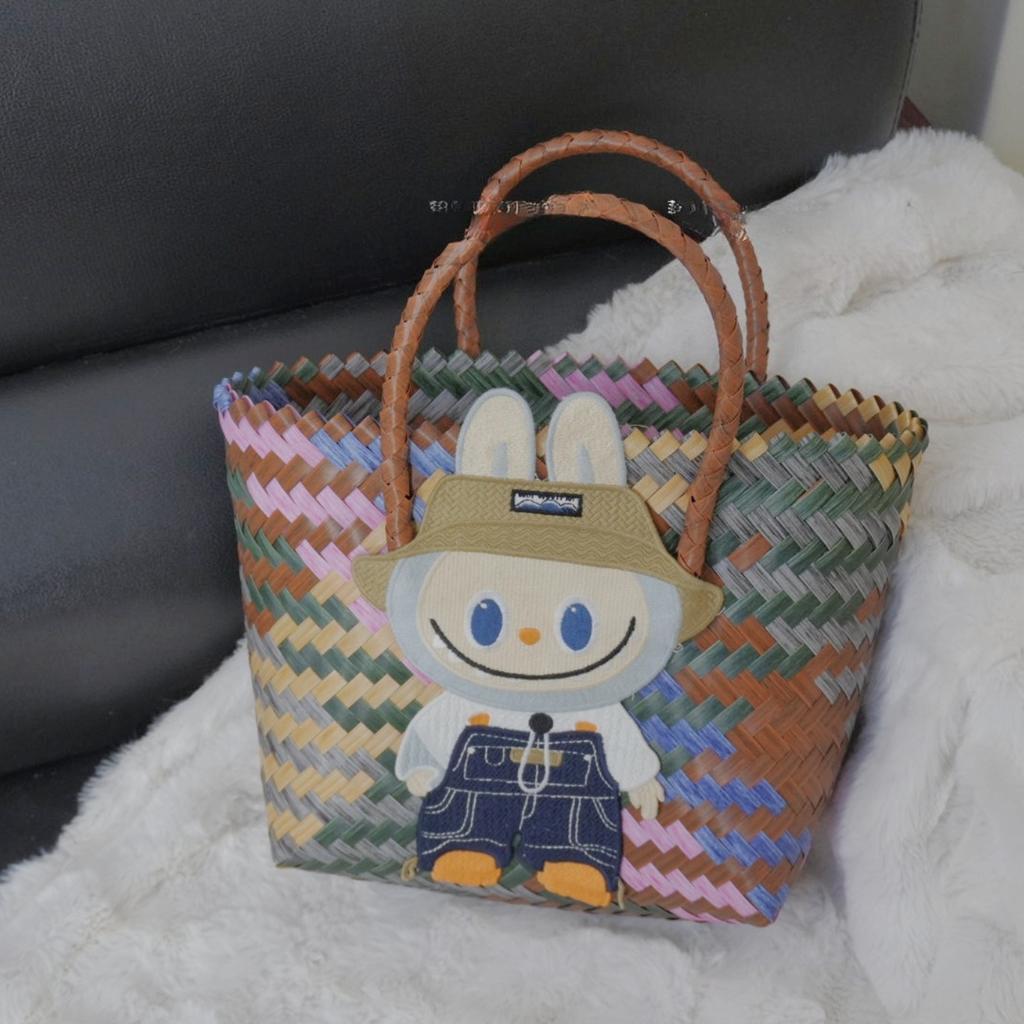 Labubu Summer new woven basket bag shoulder handbag women's bag cute pull cloth cartoon rattan bag CLE