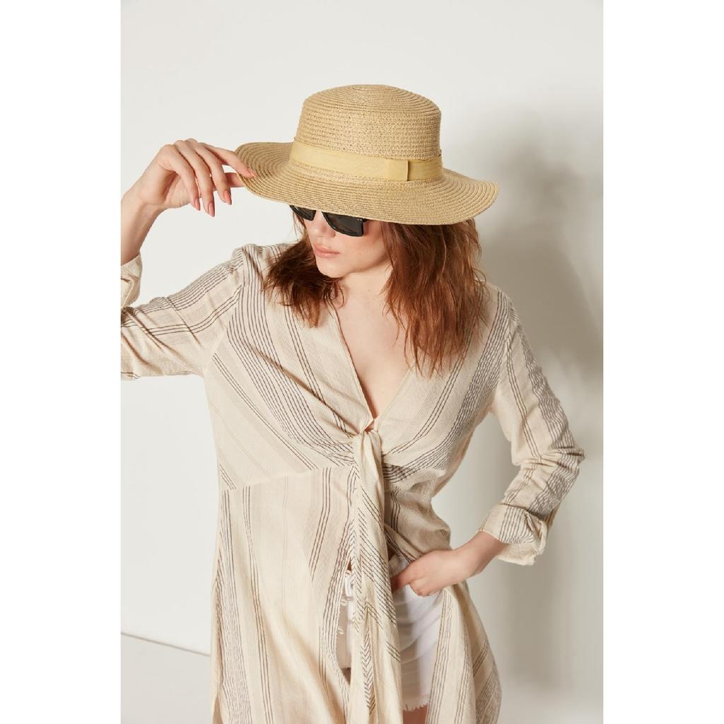 14392 Camel Wide Straw Hat With Ribbon Detail
