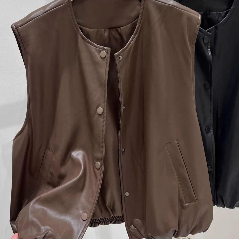 Women's Korean Style PU Leather Sleeveless Vest with Shoulder Pads - Autumn 2025 Fashion