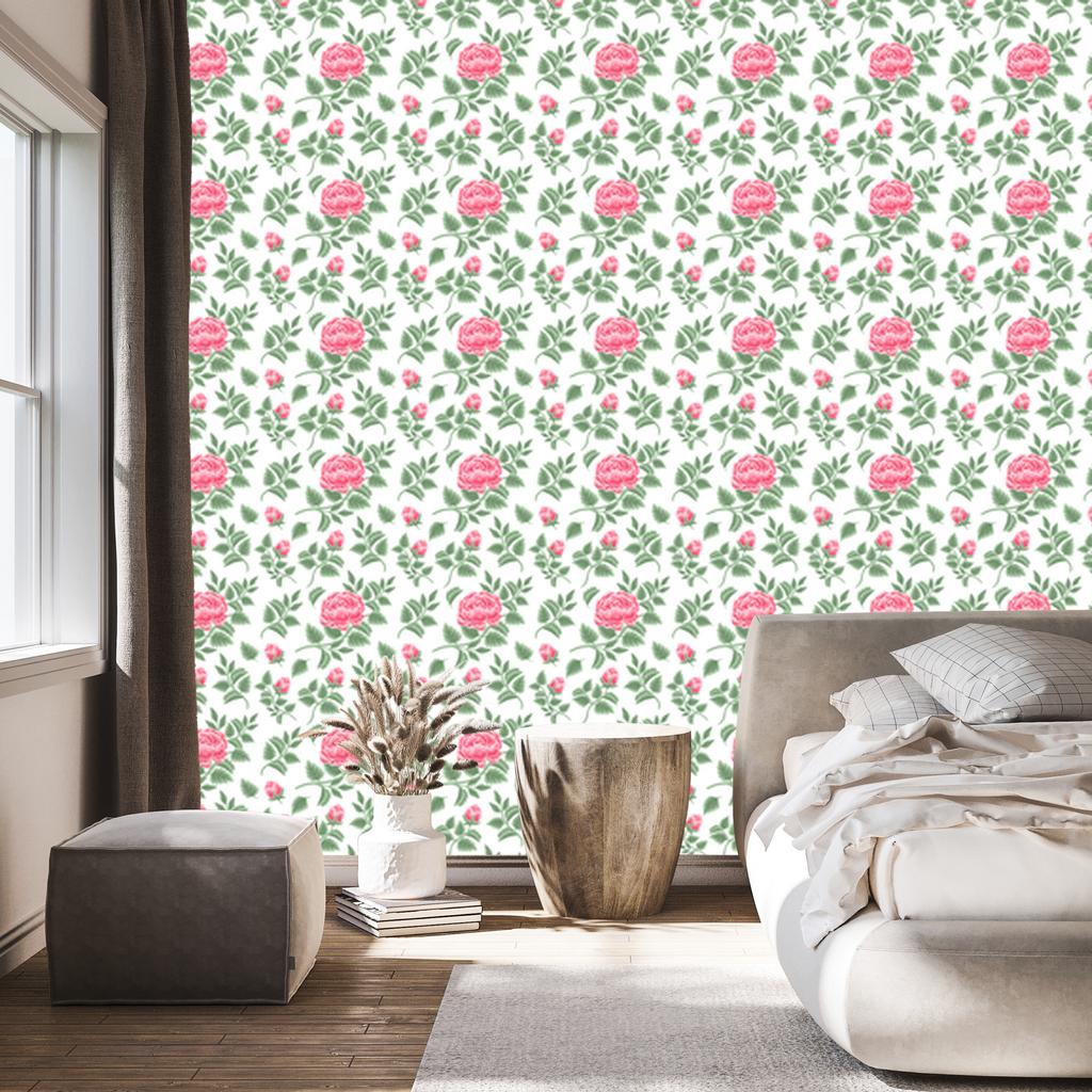 Wallpaper Flowers White, Green and Light Gray for the Living Room and Bedroom 50x1000