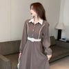 Abito lungo casual da donna in stile coreano, retro francese, con vita stretta, snellente, a maniche lunghe, con bottoni alla moda