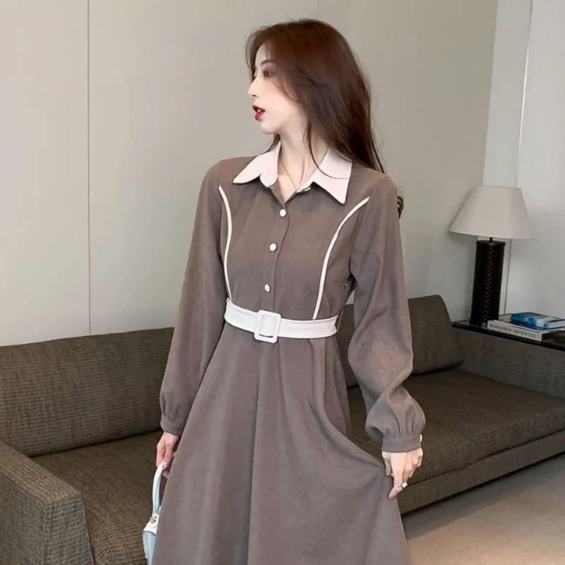 Abito lungo casual da donna in stile coreano, retro francese, con vita stretta, snellente, a maniche lunghe, con bottoni alla moda