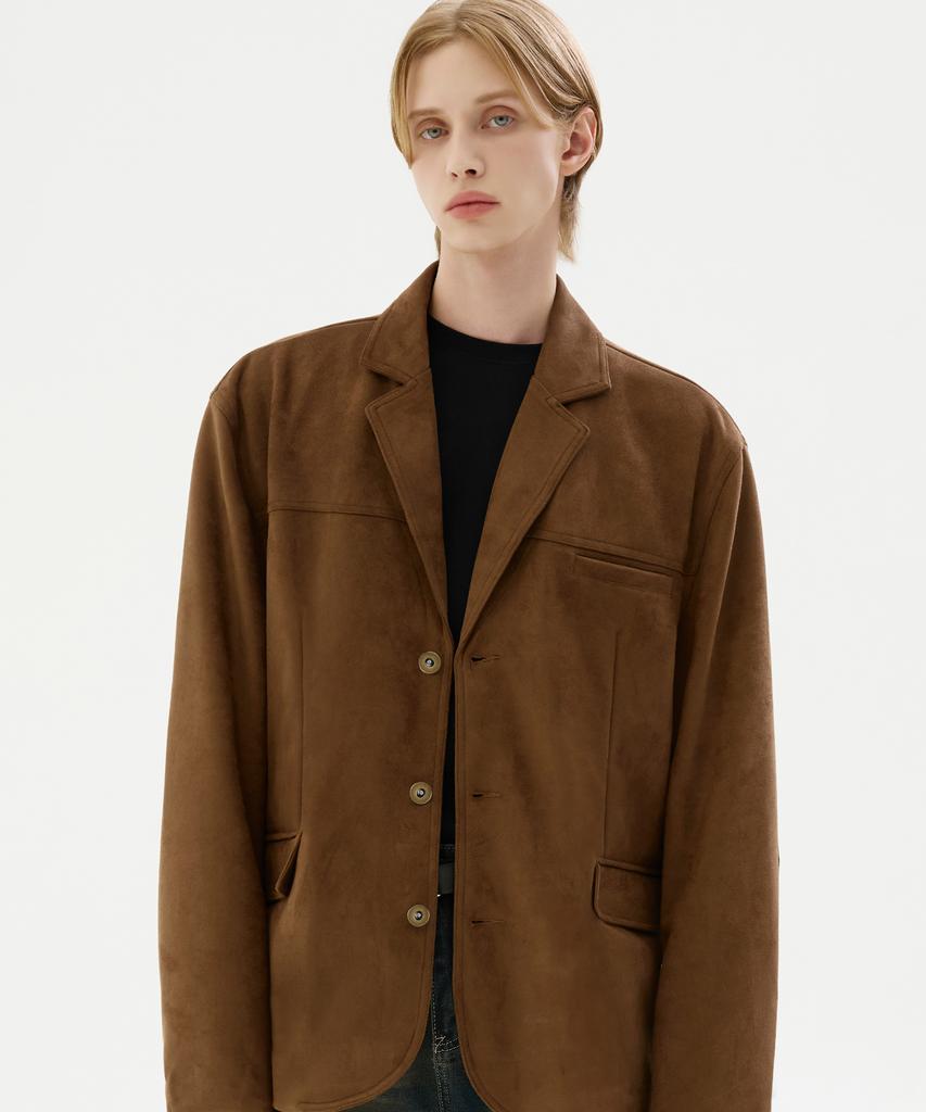 Trillion Suede Elbow Patch 3-Button Blazer Jacket [Brown]