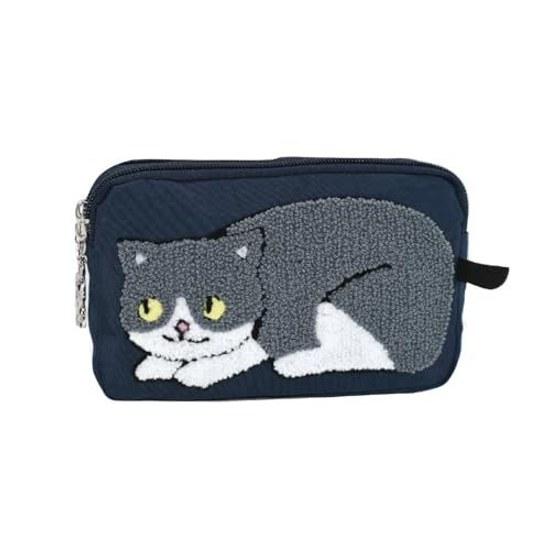 Pouch Cat Cute Stylish Fluffy Fabric Nylon Cosmetic Makeup Small Item Holder Large Capacity Pattern Gift Travel 3 Pockets (Navy Blue)