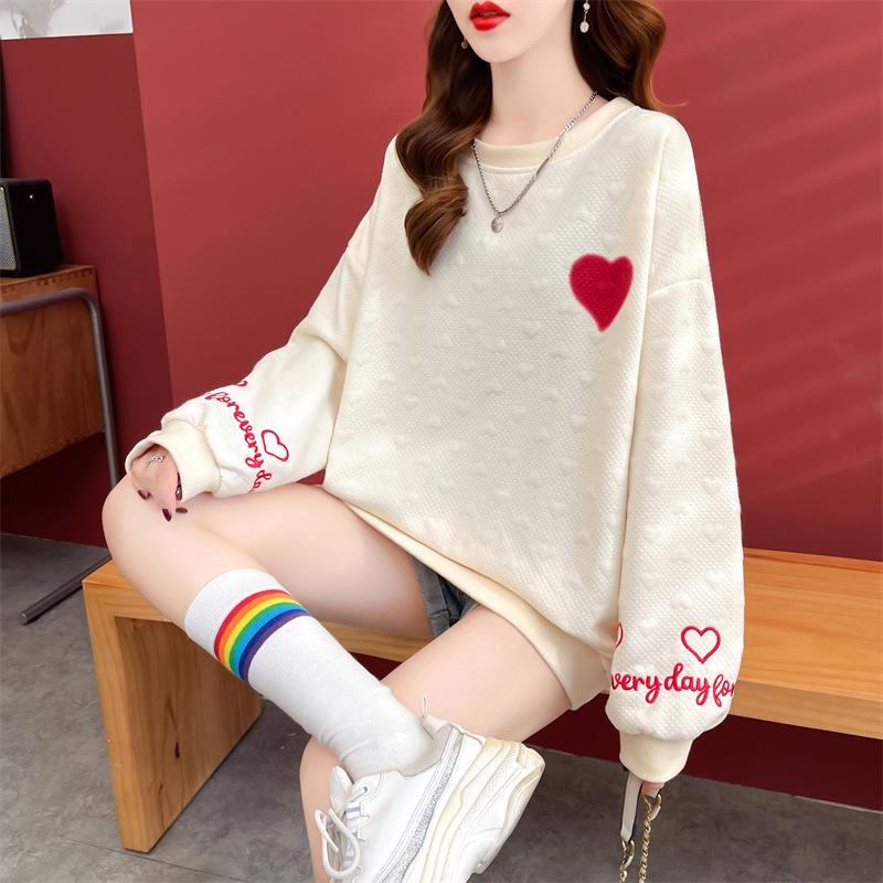 Women's Crew Neck Heart Jacquard Sweatshirt, Embroidery Letter Long Sleeve Top, Japanese Loose Pullover Sweatshirt 2026 Autumn Winter Warm Outerwear