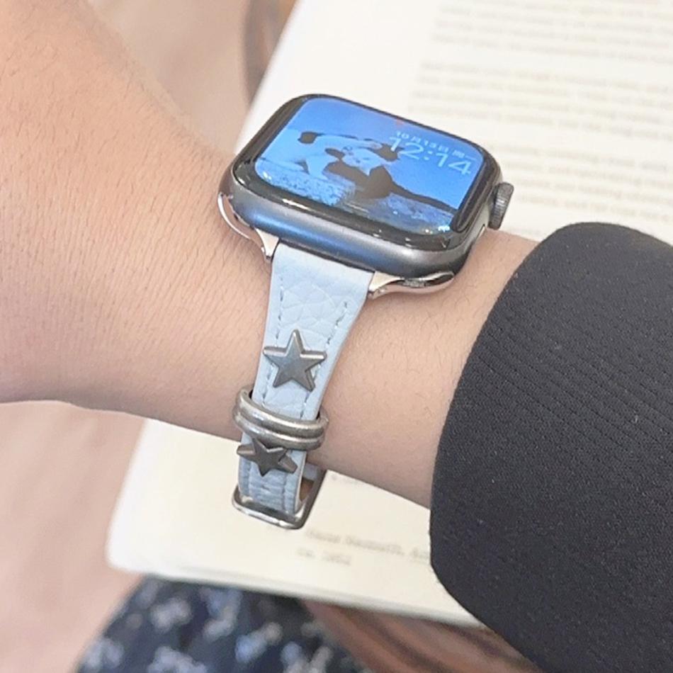Star Rivet Lychee Leather Bracelet For Apple Watch Band S11/10/9/8/7/6/Ultra iWatch Strap 49/46/45/44/42/41/40/38mm Slim Stylish
