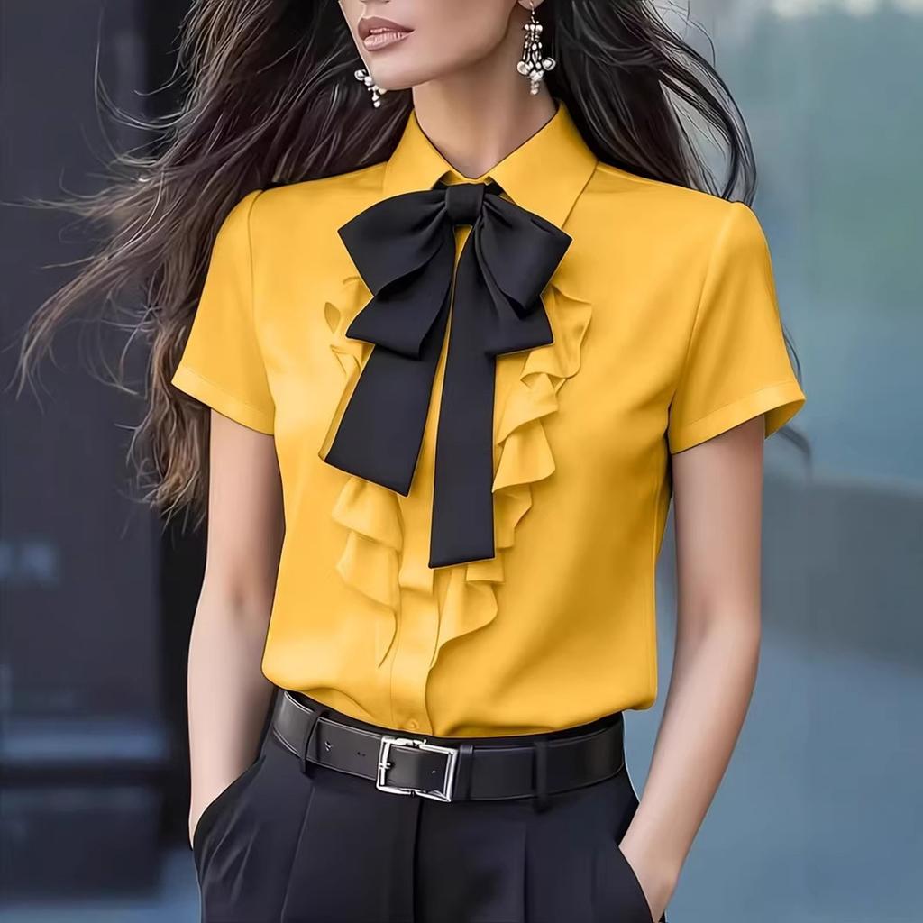 Short Sleeve Blouse for Women Ruffle Front Button Down Shirt with Bow Tie Neck and Classic Fit for Office Work