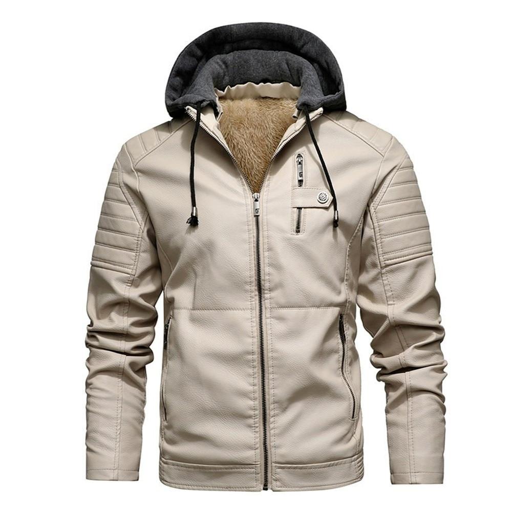 

Faux Leather Jacket Men Fashion Men s Hooded Jackets Autumn Winter Military Style Outwear Zipper Pockets Coat Detachable Hat XXXXXL білий