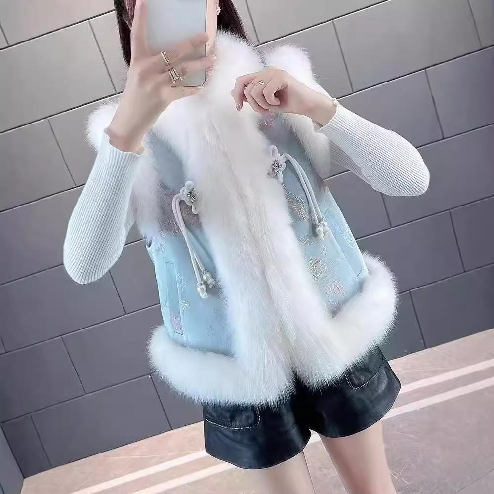 

Европейский жилет andn 2024 осень и зима новый китайский жилет из искусственного меха лисы куртка в национальном стиле женская одежда XL