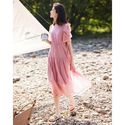 Demana Tencel French Puff Sleeve Babydoll Tie-Waist Dress