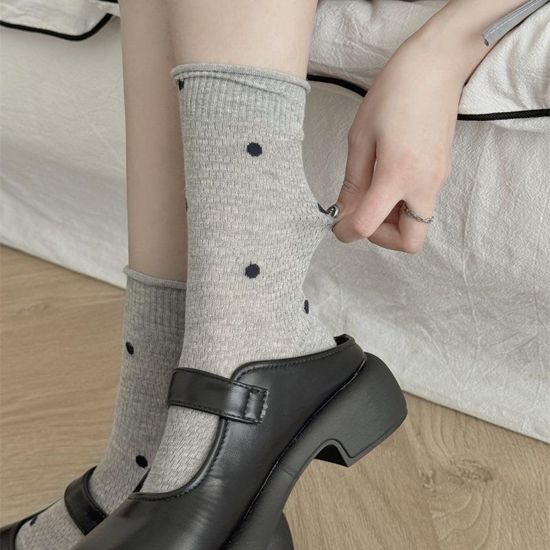 Dünne Polka-Dot-Socken für Damen für Frühling und Sommer, Wadenlange Socken, Mesh Atmungsaktiv, Gerollt, Lange Socken aus reinem Baumwollplüsch