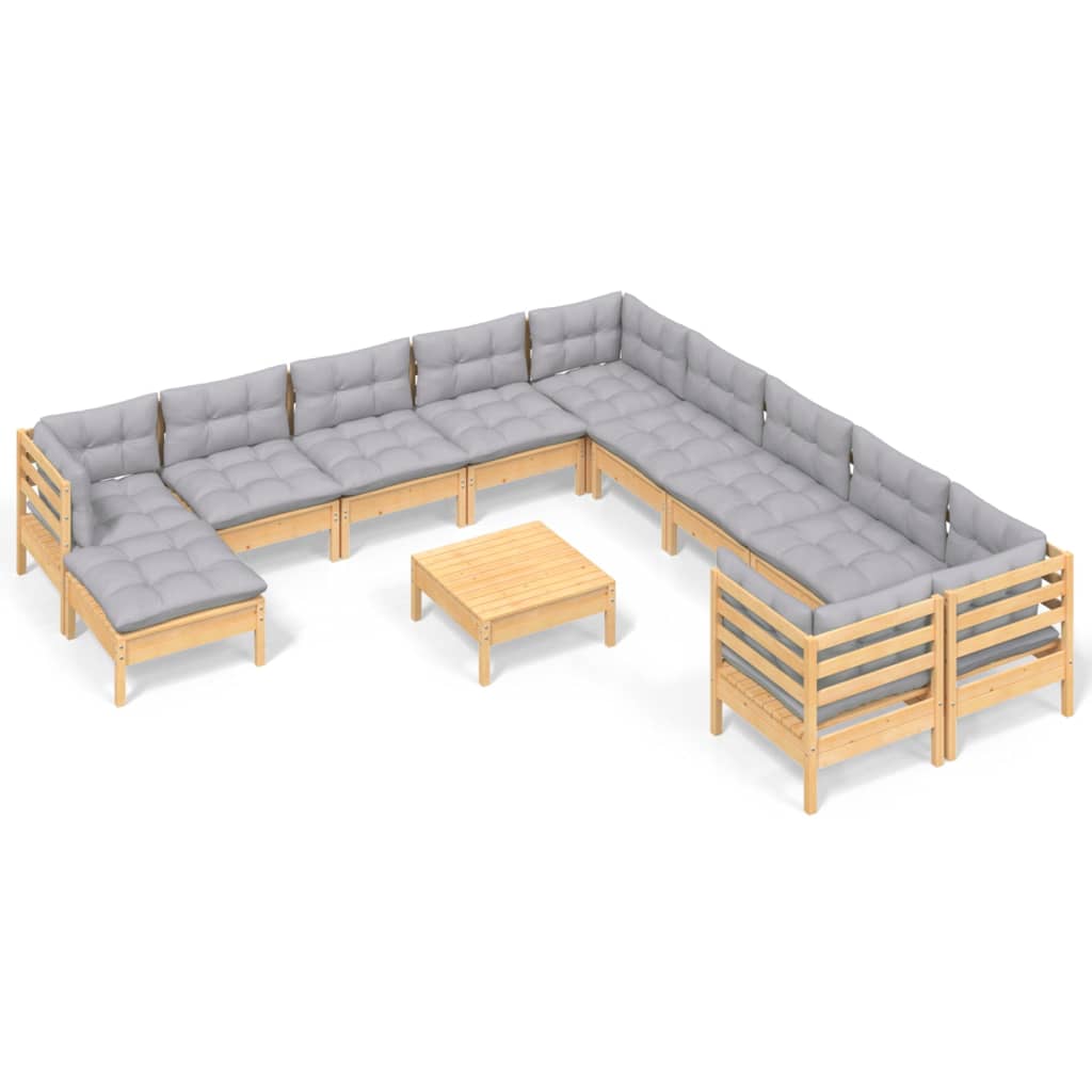 12 Piece Garden Lounge Set with Grey Cushions Pine Wood