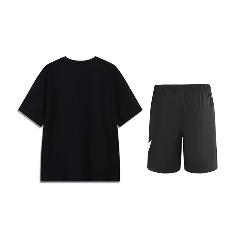 Li Ning Cartoon Big Logo Trendy Comfortable Fashion Short Sleeve Casual Sports Suit Unisex Suit Black YHSU221-1+YKSU157-2
