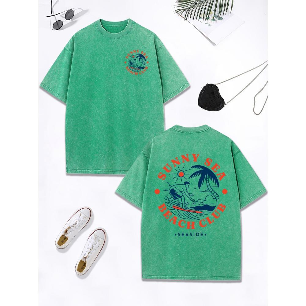 

Sunny Sea Beach Club Surf Prints Washed T-Shirt Women Cotton Oversize T Shirt Comfortable O-Neck Distressed Tops Clothes 3XL