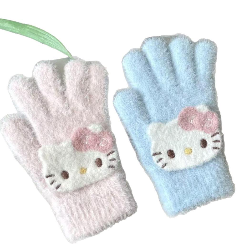 Women's Winter 2025 Retro Plaid Kitty Gloves: Warm Five-Finger Cycling Cold Protection