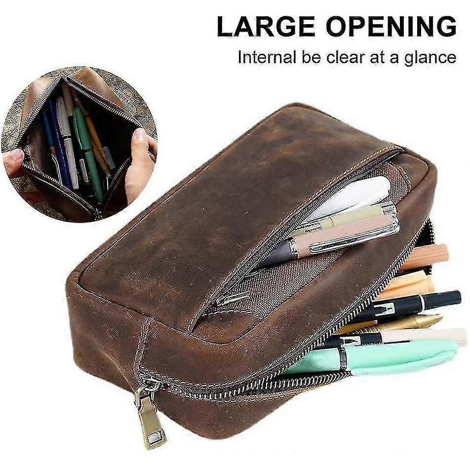 Leather Pencil Pouch Case,zippered Pen Pencil Holder Can Hold 80 Pens For School Office - CHUNC