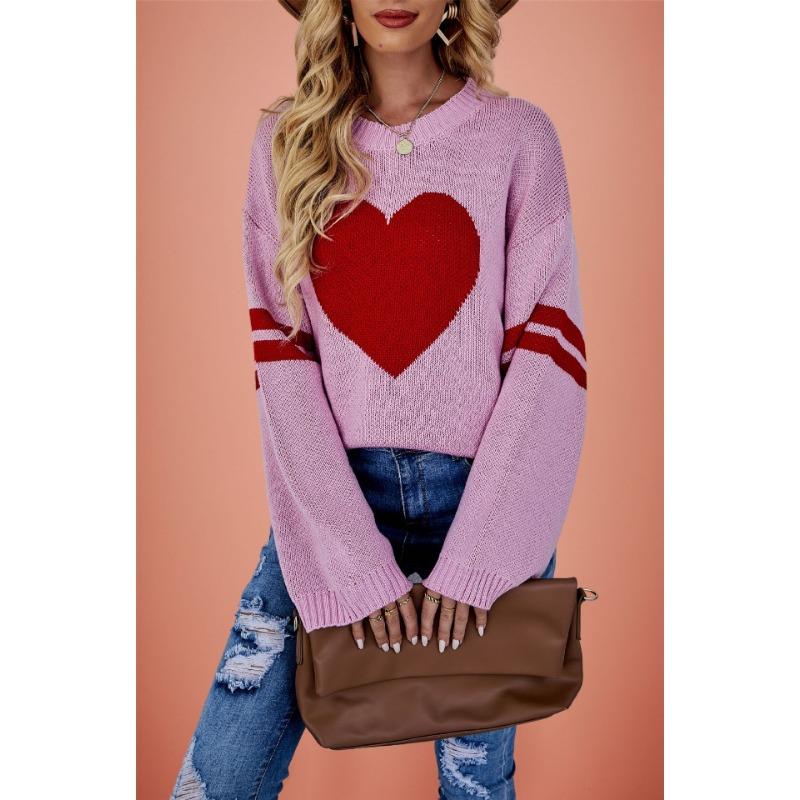 Autumn and Winter Women's Temu Hot-selling Sweaters Contrasting Colors Love Peach Crew Neck Knitted Sweater Valentine's Day