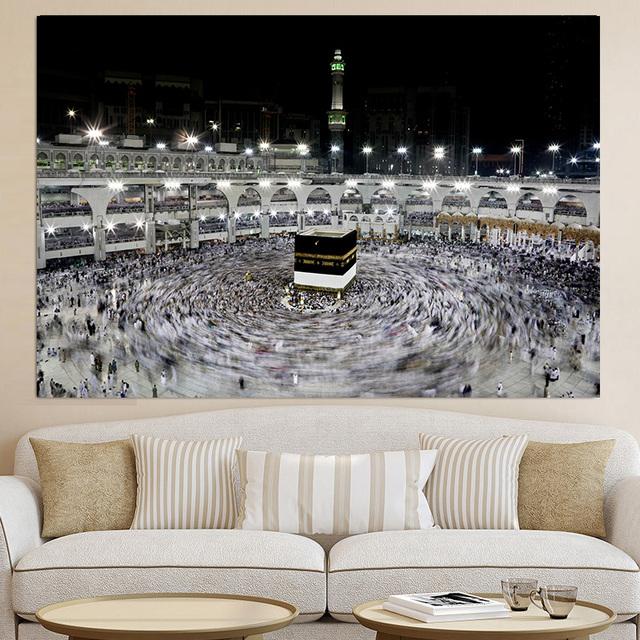Pintura en lienzo de paisaje de mezquita, carteles e impresiones con vista de luz de La Meca amplia, imágenes artísticas de pared, decoración del hogar para sala de estar, sin marco