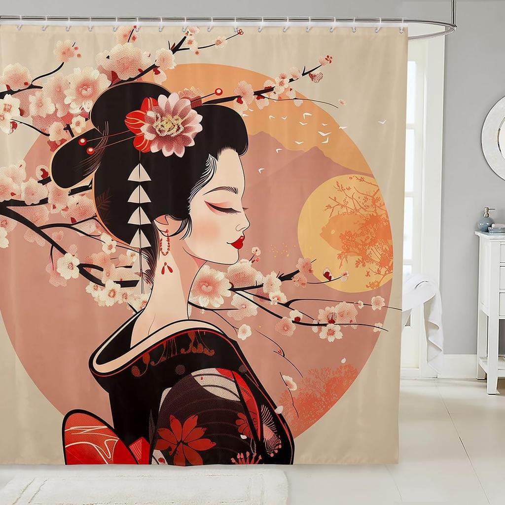 Kids Japanese Geisha Shower Curtain Boys Girls Cherry Blossoms Bathroom Shower Curtain Set Japanese Style Bath Curtain