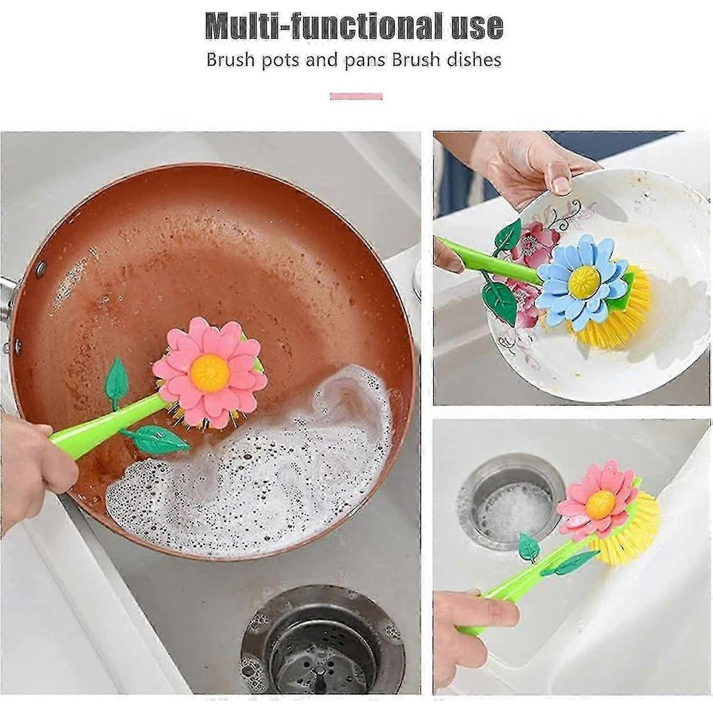 Long-handled dishwashing brush, flower-shaped nylon dishwashing brush, kitchen dishwashing brush with stand