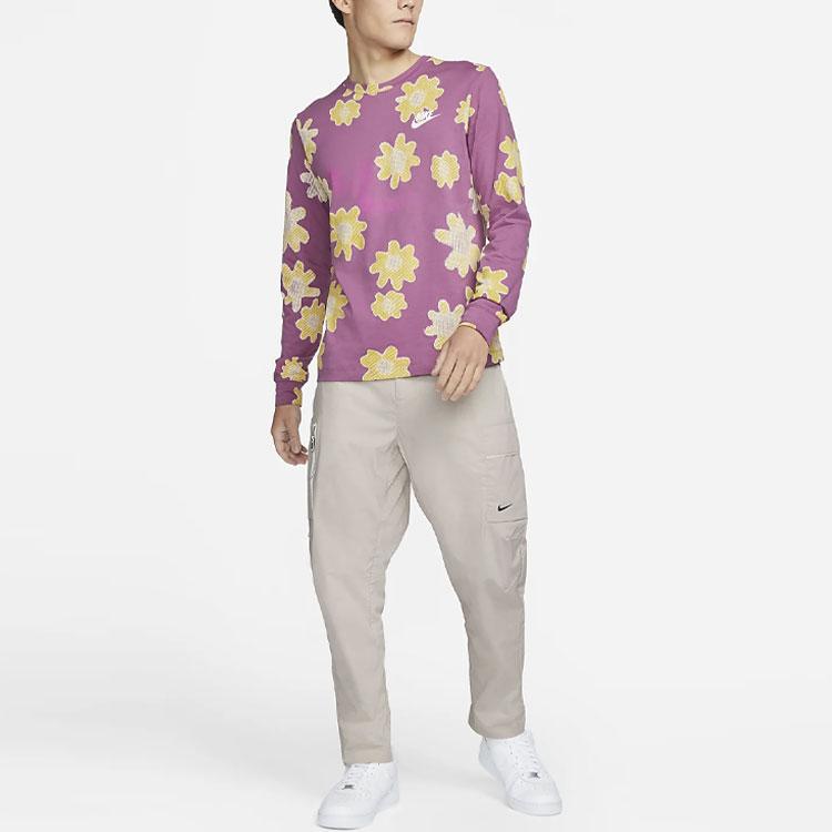 Nike Floral Logo Print Crew Neck Long Sleeve T-Shirt Men Tops Burgundy DM6336-507