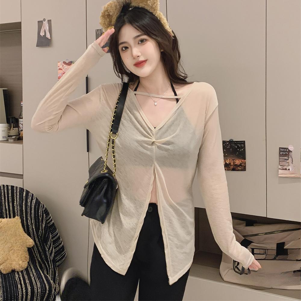 2025 spring Summer V-neck Sunscreen Thin Lazy Loose Long Sleeve T-shirts casual loose solid perspective Front and Back Double Top for Women t shirt