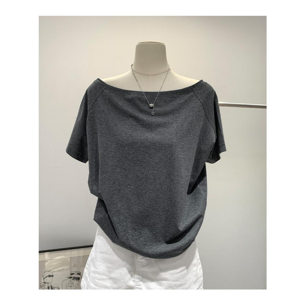 Nischendesign Off-Shoulder Graues Kurzarm-T-Shirt Damen Sommer Chic Locker Lässig Schlicht Diagonale Schulter Schwarzes Oberteil