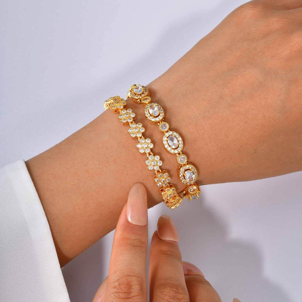 Copper Oval Flower Heart Round Zircon Bracelet Gold Bracelet Hand Jewelry PBR-261G