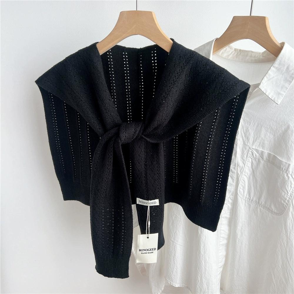 Korean Plain Basic Hollow Out Knitted Warm Shawl Winter Female Blouse Shoulders Fake Collar Cape Knotted Scarf Stripe Outerwear