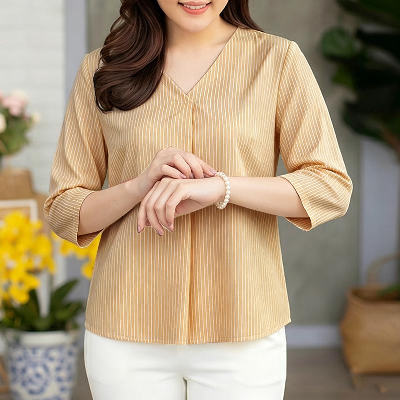 ZANZEA Women Casual V-Neck 3/4 Sleeve Loose Stripe Blouse