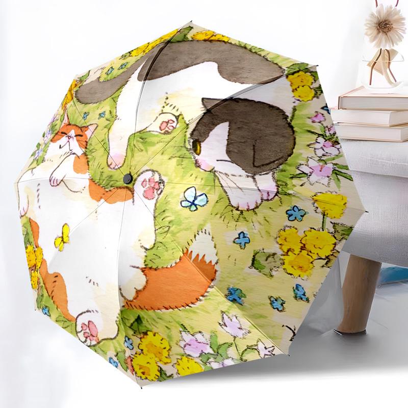 1 Stück Katzen, BlumenAutomatisches Öffnen/Schließen Faltbarer Regenschirm, Kompakter Tragbarer Reise-Regenschirm, Perfekt für Geburtstag/Feiertage, Niedlicher Regenschirm y018
