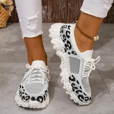 Large Size Fly-woven Sports Shoes Spring and Autumn New Round Head Thick Sole Wavy Sole Leopard Print Color Matching Shoes