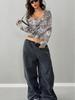 European Fashion 2025 Women's Retro Camouflage Tree Branch Pattern U-Neck Slim Fit Cropped T-Shirt