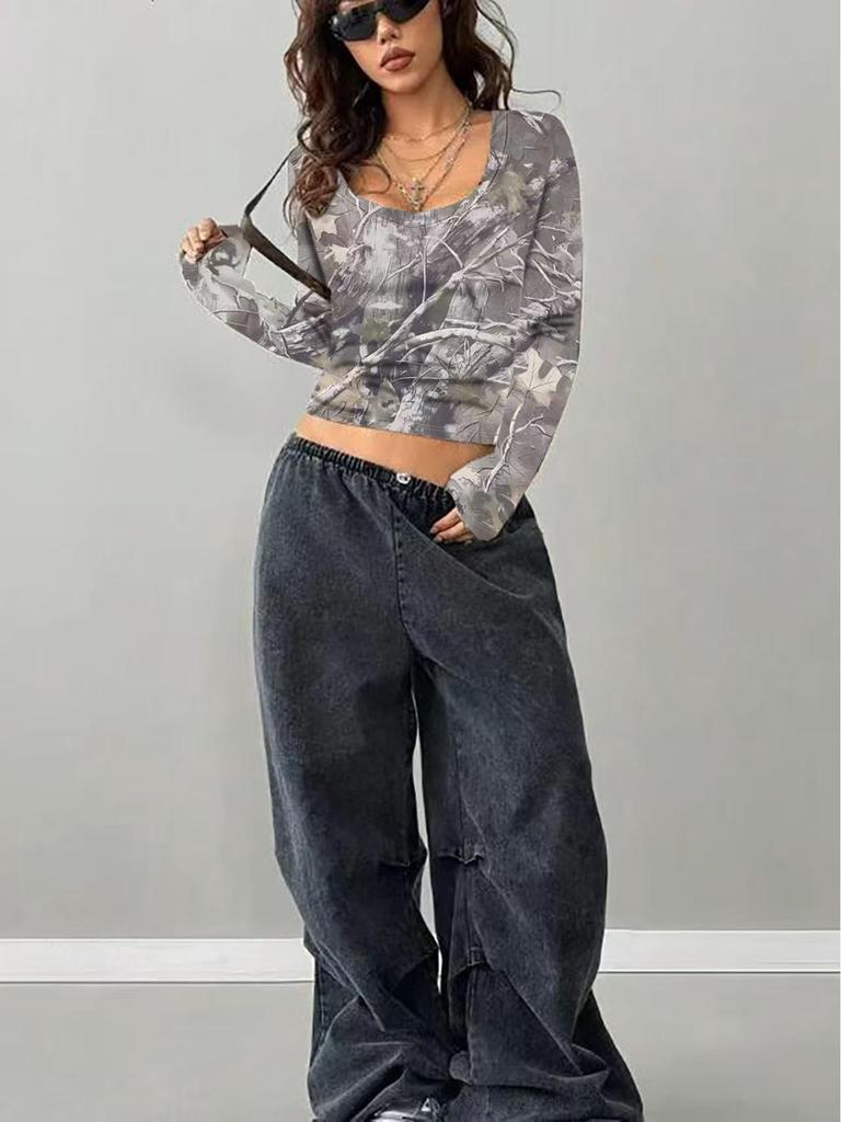 European Fashion 2025 Women's Retro Camouflage Tree Branch Pattern U-Neck Slim Fit Cropped T-Shirt