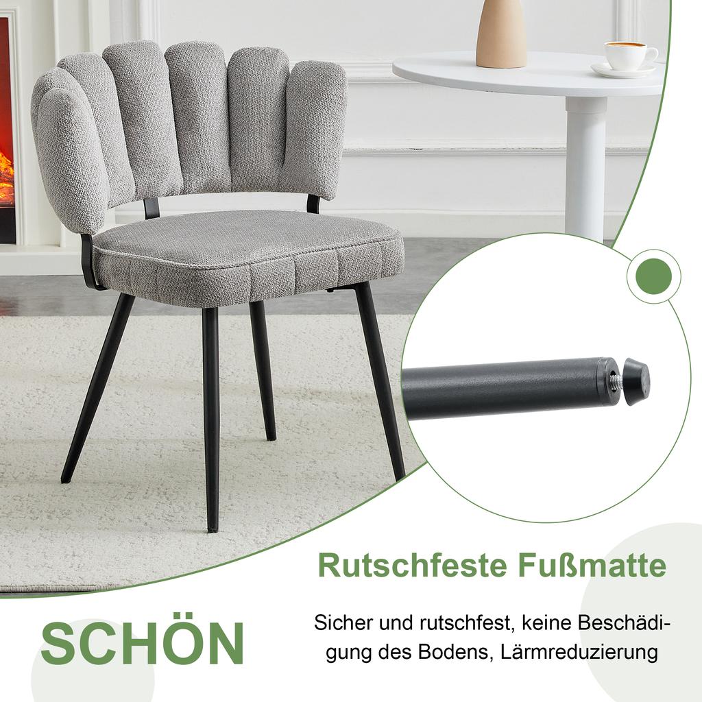 Tisch- und Stuhlset. Runder Esstisch 107 cm in Nussbaumoptik mit doppelter Ablagefläche + 2 graue Stoffstühle mit blumenförmiger Rückenlehne.