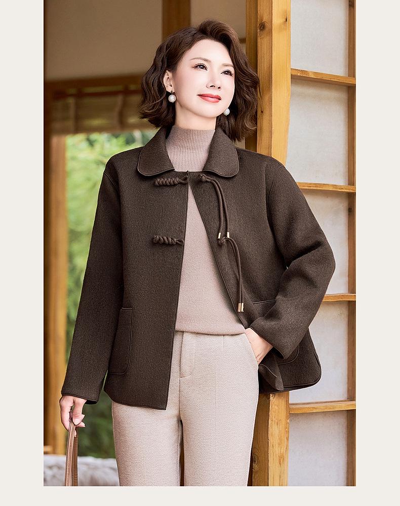 Women's Short Double-Faced Wool Coat - Lapel, Autumn/Winter Chinese Style Cardigan with Pockets