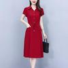 Elegant Plus-Size Short Sleeve Red Dress for Women - Waist-Slimming and Tummy-Covering Design for Middle-Aged and Elderly Ladies