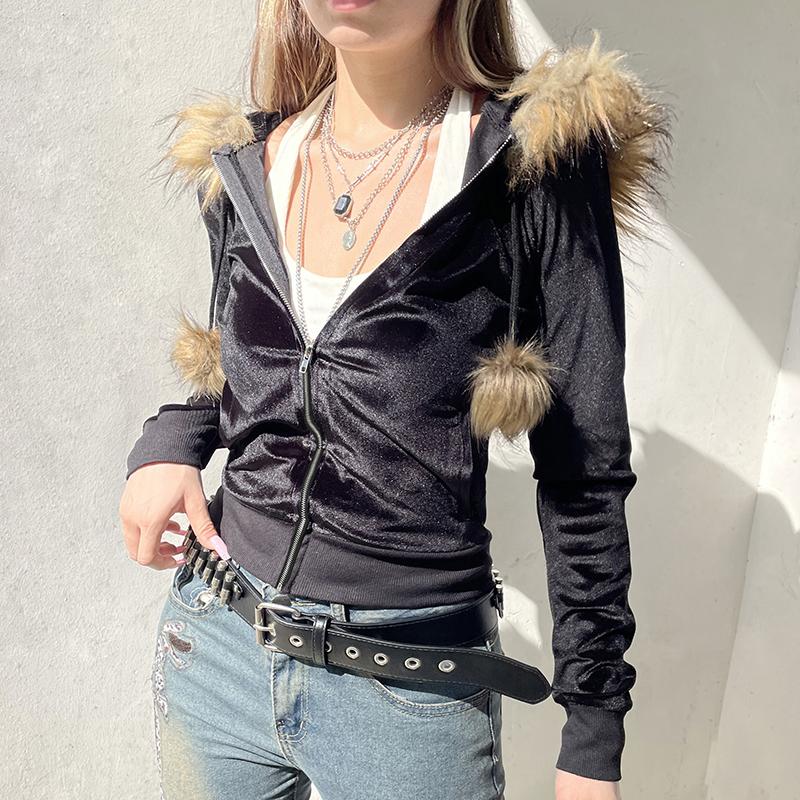 2KWEIRD Y2K Aesthetic Faux Feathers Hooded Cardigan Black Velvet Furry Ball Decorate Zip Up Hoodies Jackets Retro Gothic Coats