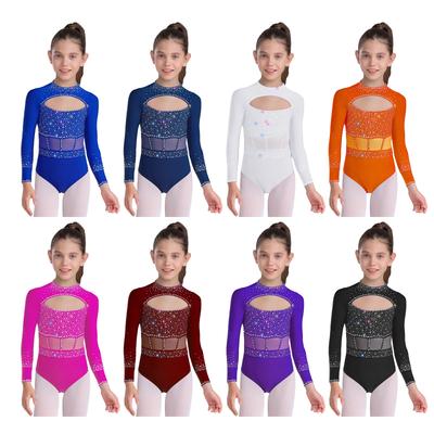Girls Dance Bodysuit Long Sleeve Rhinestone Leotard with Back Zipper & Cutout for Performance