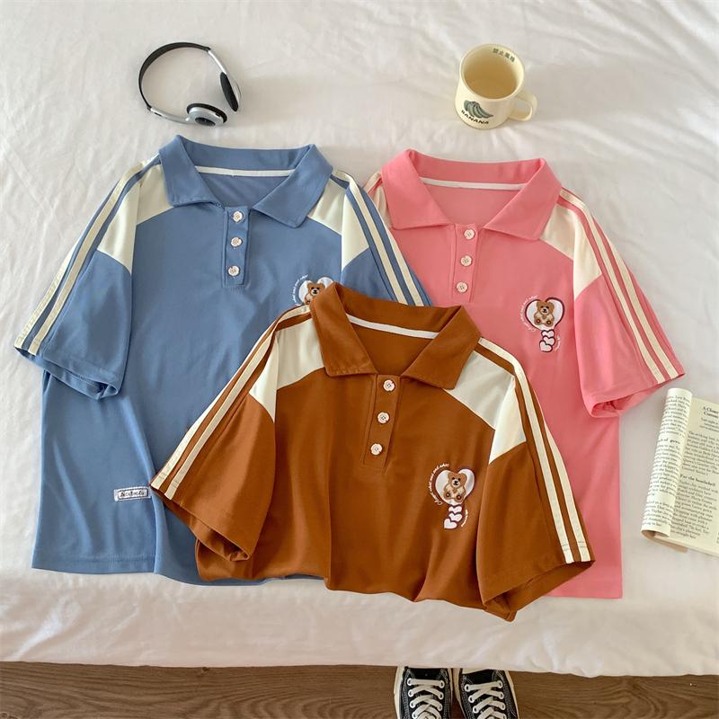 

Лето 2024, хлопковая свободная женская футболка, корейские футболки с вышивкой в ​​стиле Харадзюку, топы с отложным воротником и короткими рукавами y2k