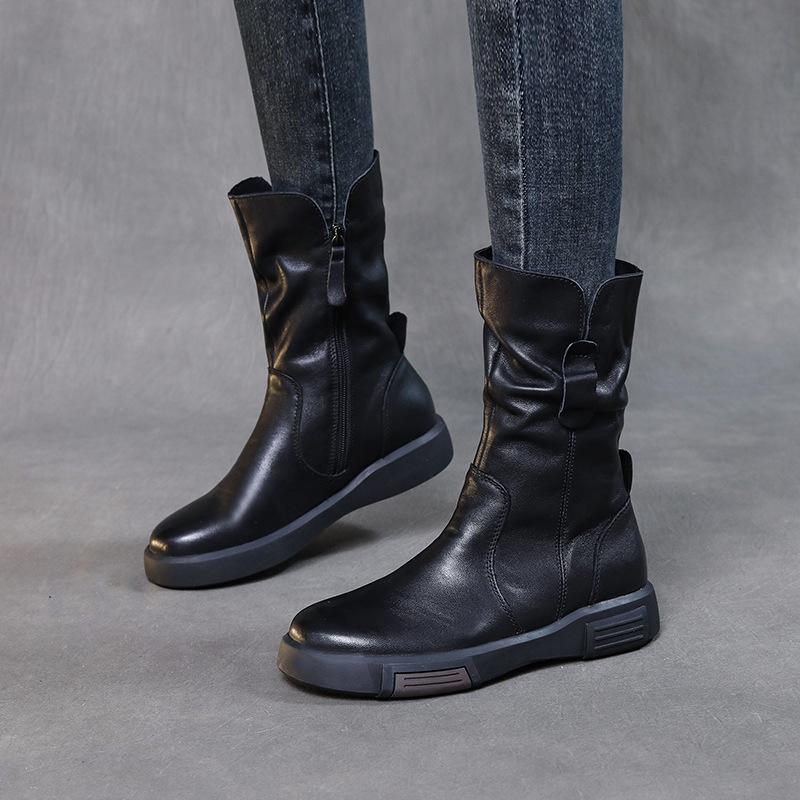 Women Boots Autumn Winter Plush Warm Mid Calf Boots Round Toe Zipper Pleated Thick Bottom Leather Cotton Boots