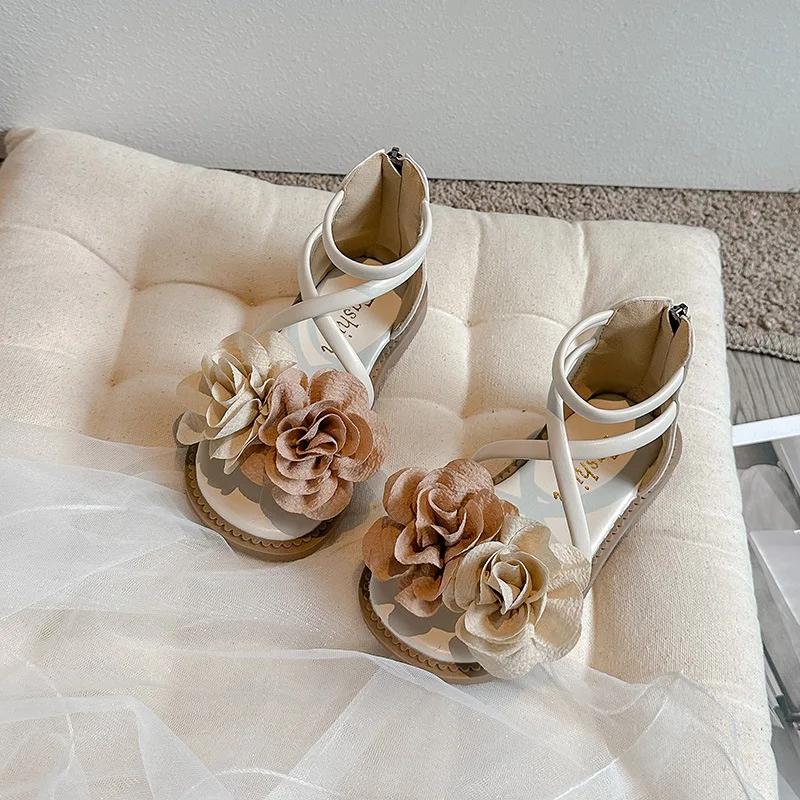 Kids Sandals with Sweet Flowers 2024 Summer Korean Edition Girls'  Fashion Princess Shoes for Party Wedding Elegant Temperament