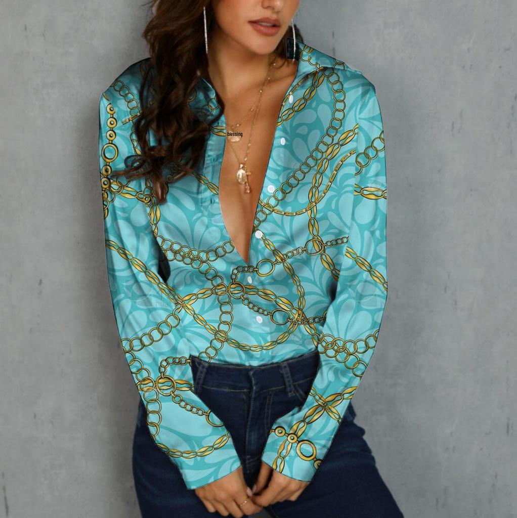 Women's Trendy Long-Sleeve Digital Print Button-Down Shirt