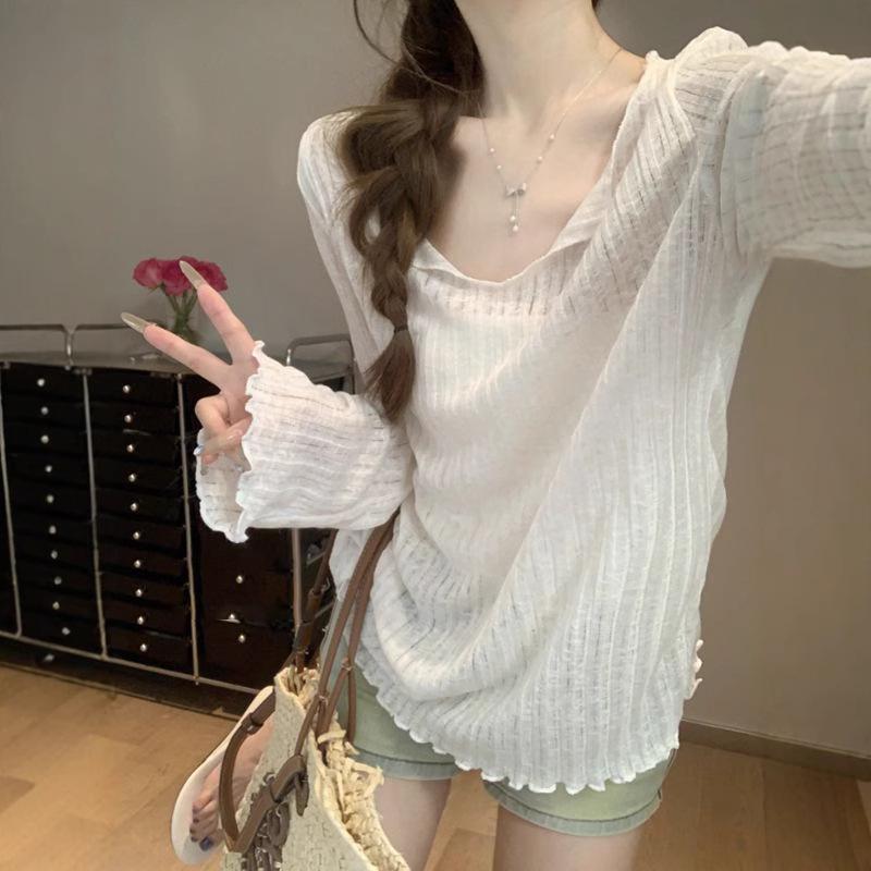 

2025 Summer Women s Casual Long Sleeve Striped Knit Sunscreen Cardigan Extra Large