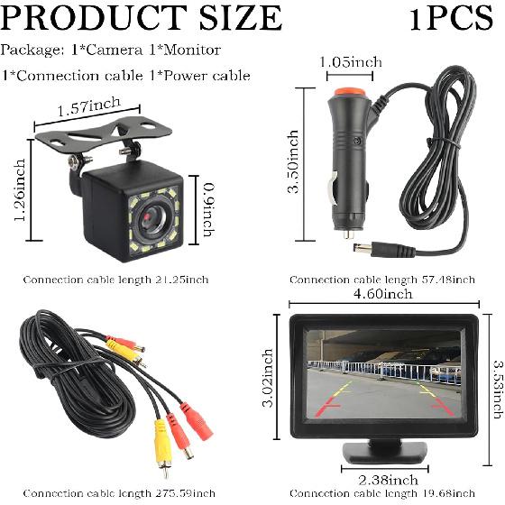 Plug & Play Backup Camera with Monitor 4.6 ,12 LED HD Rearview Mirror Camera for Night Vision,150° Wide Angle Universal Car Reverse Camera with