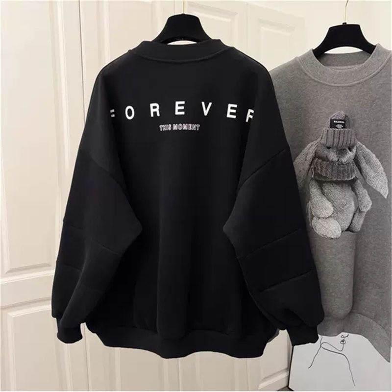 Sweatshirt Women Fleece-Lined Oversize Sweatshirt Winter Thickened Crew Neck Pullover Long Sleeve Mid-Length Loose Fit Top Sweatshirt