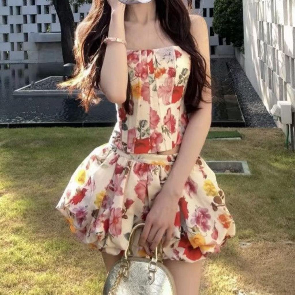 French Pure Desire Style Sexy Spice Girl Floral Skirt Women's Clothing Summer New Slim and Thin Tube Top Set