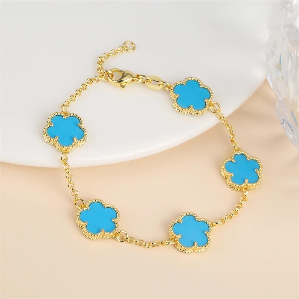 2024 Hot Sale 10 Colors Five-Leaf Flower Set Bracelet Necklace Classic Simple Women Zircon Set Suitable For Daily Party Wear