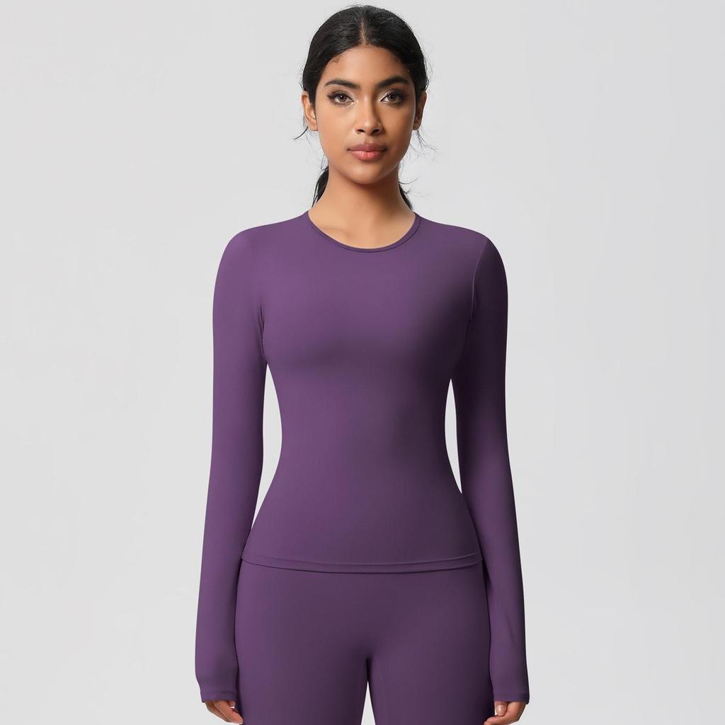 European-American Slim Fit Long Sleeve Yoga Top - Nude, Brushed Feel, Round Neck, High-Intensity Running & Fitness Wear